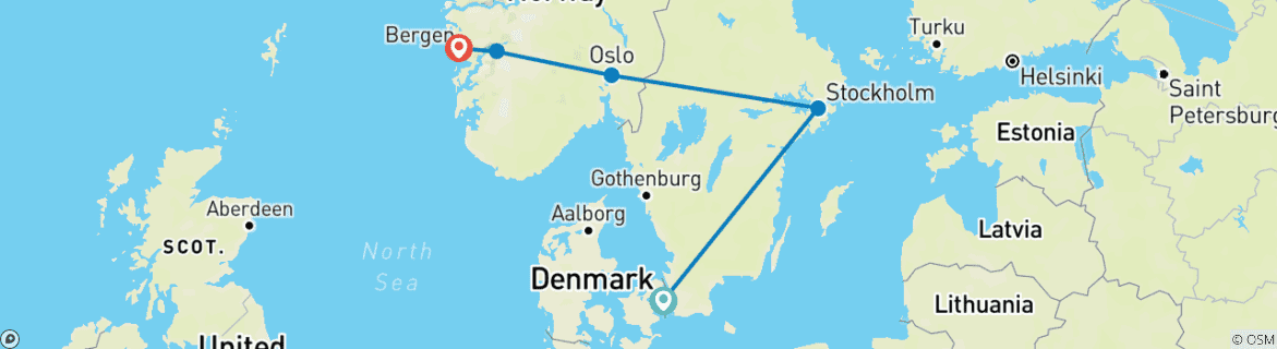 Image of a map showing the route of the tour