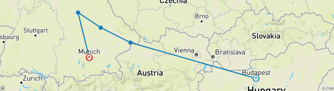 Image of a map showing the route of the tour