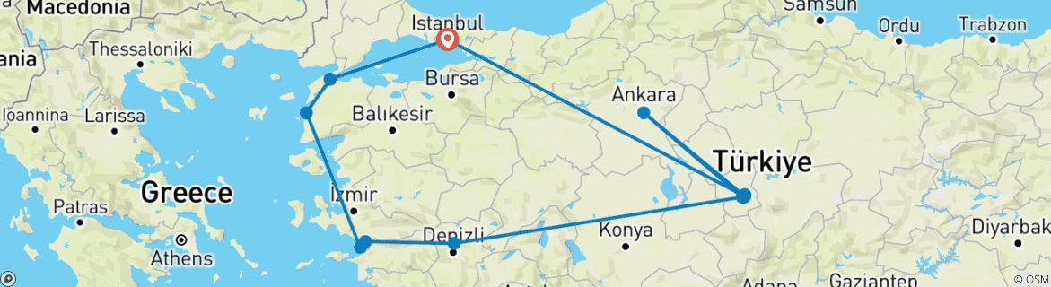 Image of a map showing the route of the tour