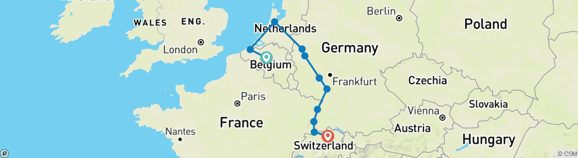 Image of a map showing the route of the tour
