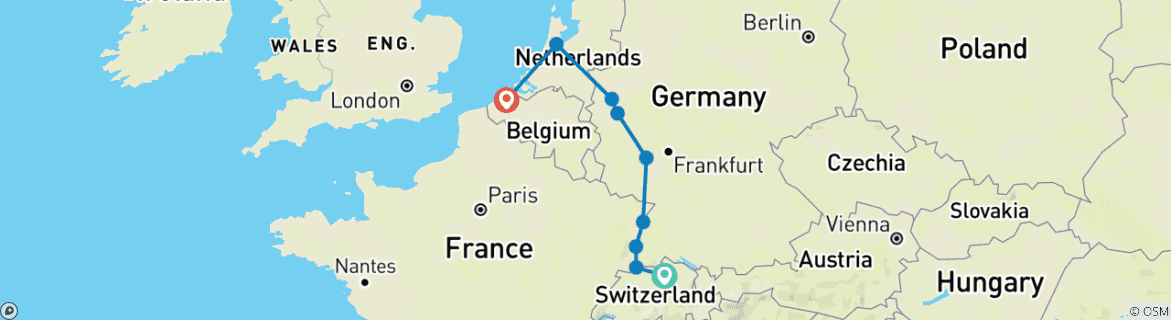 Image of a map showing the route of the tour