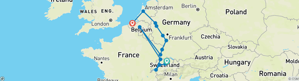 Image of a map showing the route of the tour
