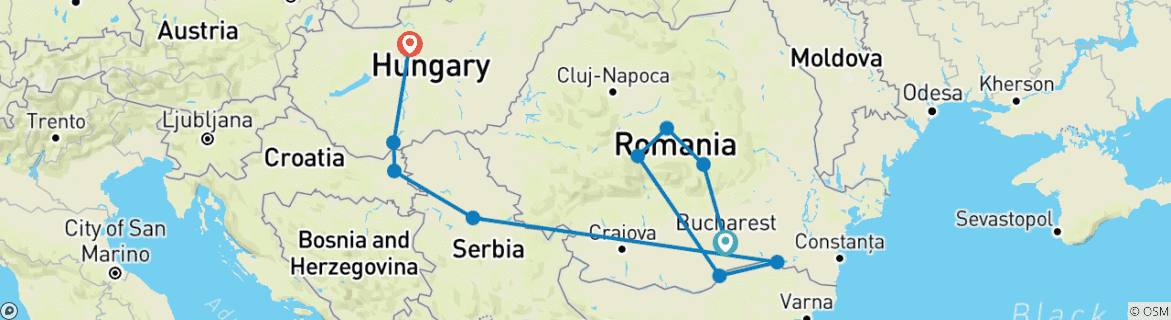 Image of a map showing the route of the tour