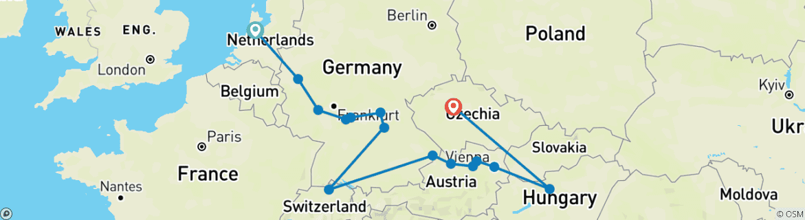 Image of a map showing the route of the tour