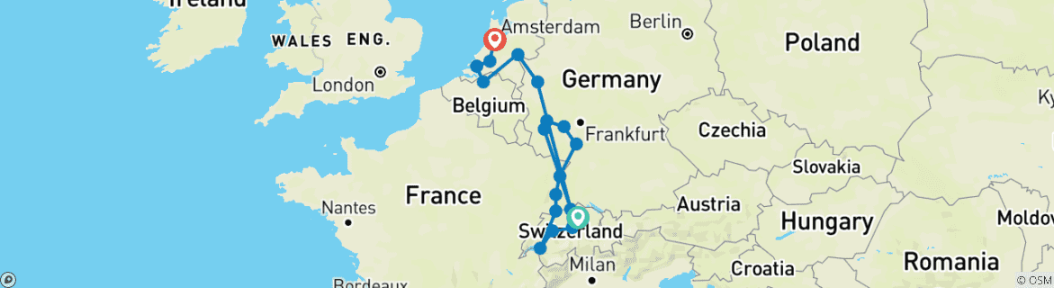 Image of a map showing the route of the tour