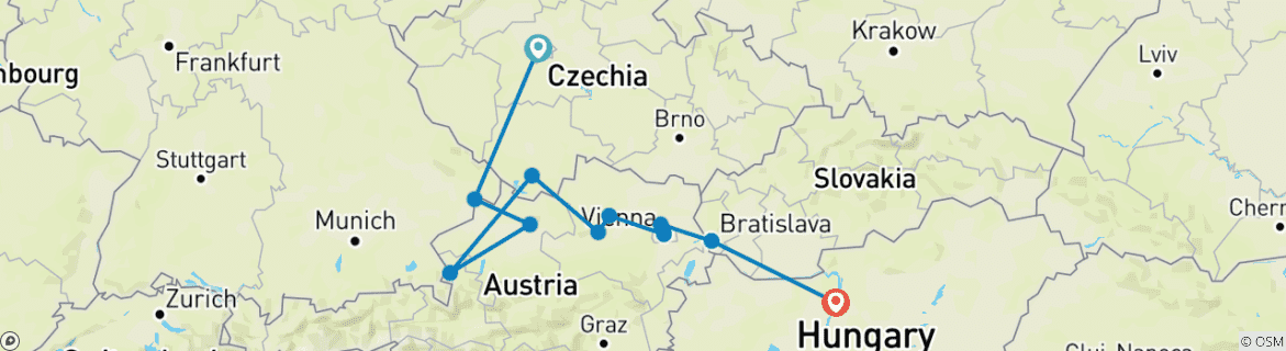Karte von Perlen der Donau mit Prag 2027/2028 – 11 Tage (11 Reiseziele)
