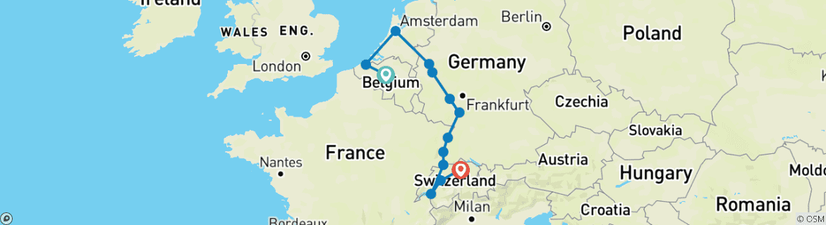 Image of a map showing the route of the tour