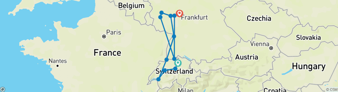 Image of a map showing the route of the tour