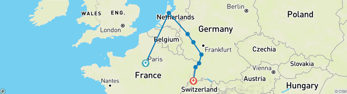 Image of a map showing the route of the tour