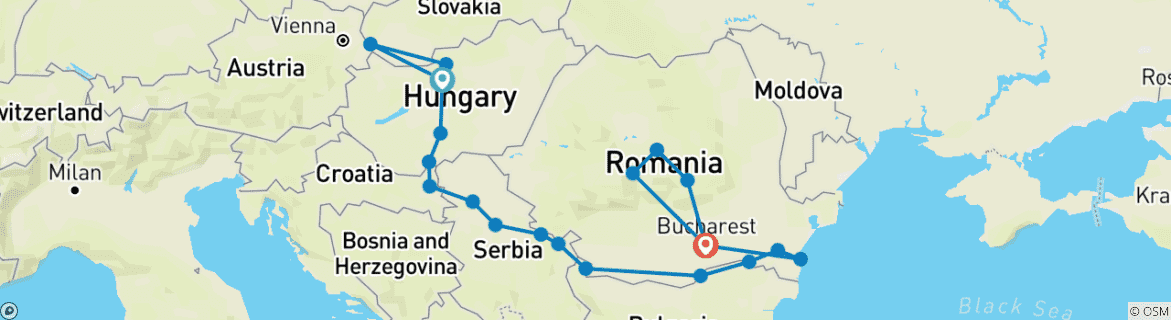 Image of a map showing the route of the tour
