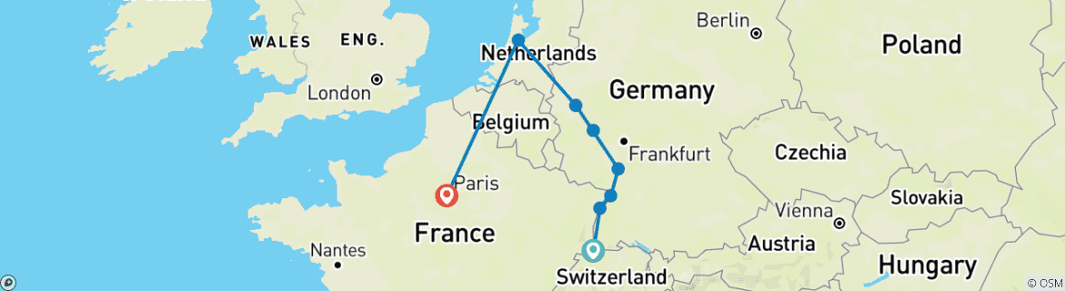 Image of a map showing the route of the tour