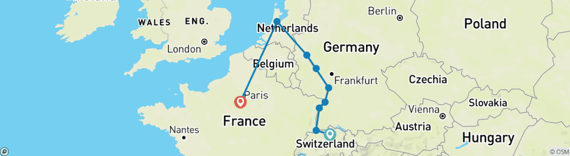 Image of a map showing the route of the tour