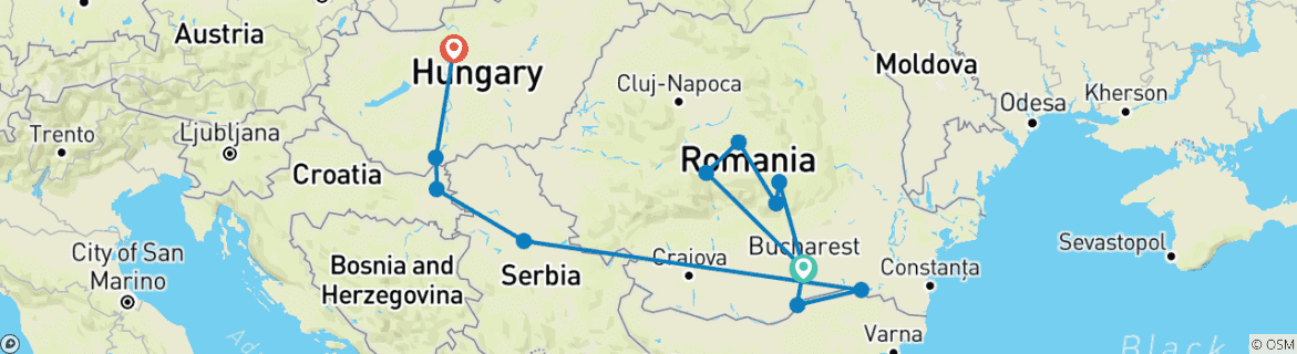 Image of a map showing the route of the tour
