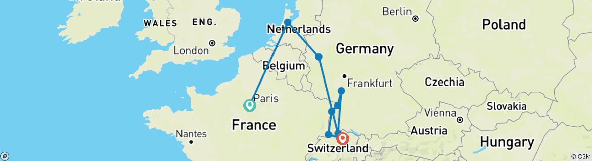 Image of a map showing the route of the tour