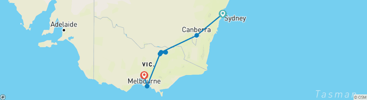 Image of a map showing the route of the tour