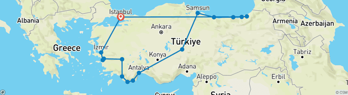 Carte du circuit 17 jours de vacances pour les Anges en TURQUIE| Un grand tour de la Turquie à travers le patrimoine, les hauts plateaux et les côtes ! (Voyage privé VIP guidé)
