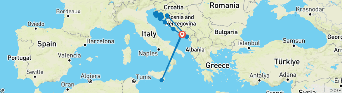 Image of a map showing the route of the tour