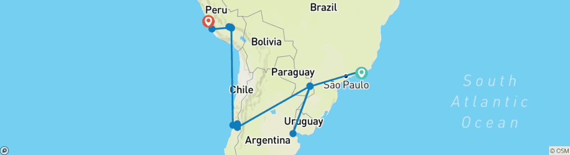 Image of a map showing the route of the tour