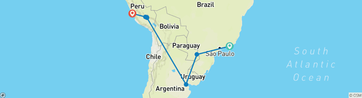 Image of a map showing the route of the tour