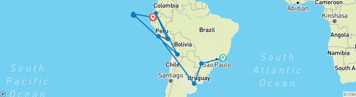 Image of a map showing the route of the tour