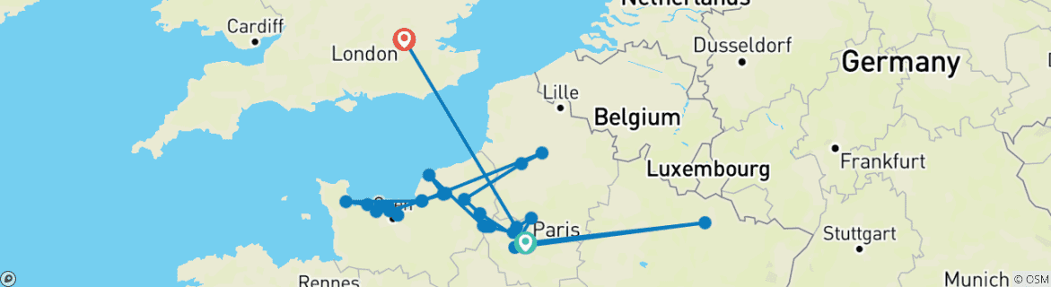 Carte du circuit Normandie et joyaux de la Seine avec Londres
