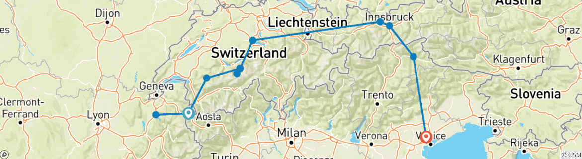 Image of a map showing the route of the tour