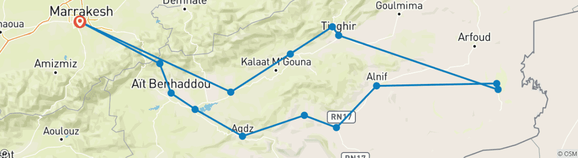Image of a map showing the route of the tour