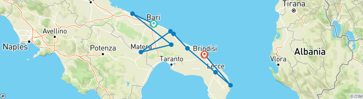 Image of a map showing the route of the tour