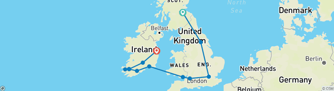 Image of a map showing the route of the tour