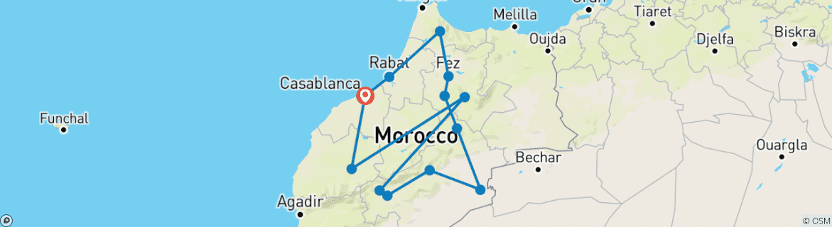 Image of a map showing the route of the tour