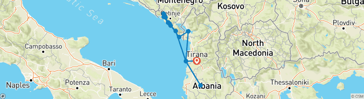 Karte von Albanien & Montenegro - 8 Tage Rundreise Zwischen Adria & Albanischen Alpen