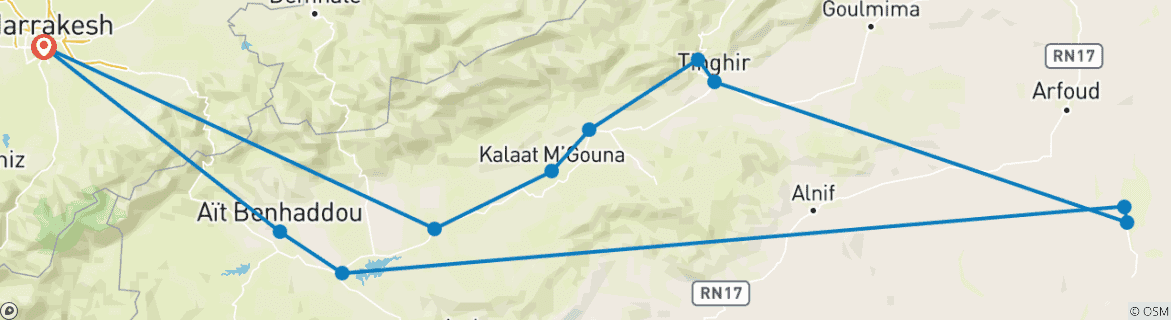 Image of a map showing the route of the tour