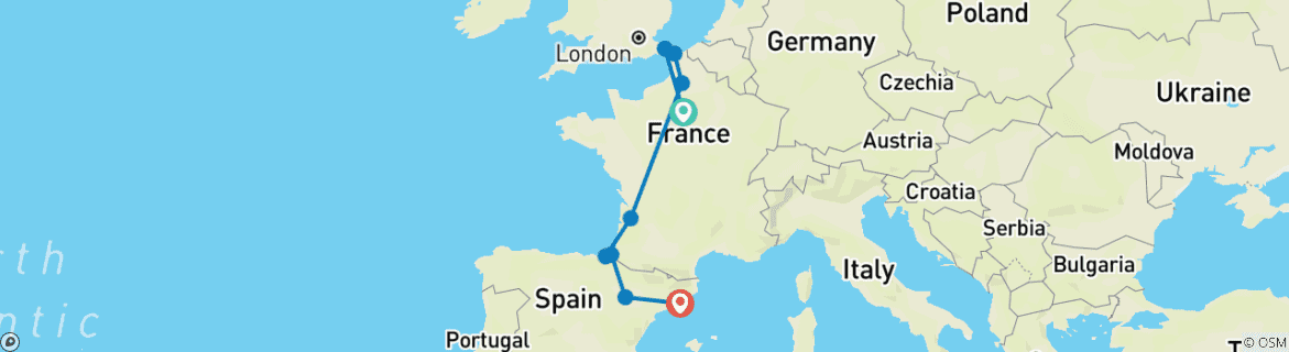 Image of a map showing the route of the tour