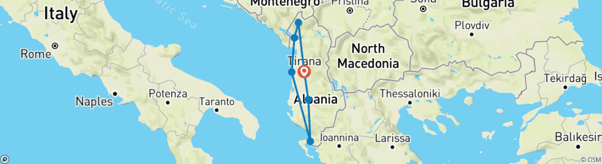 Image of a map showing the route of the tour