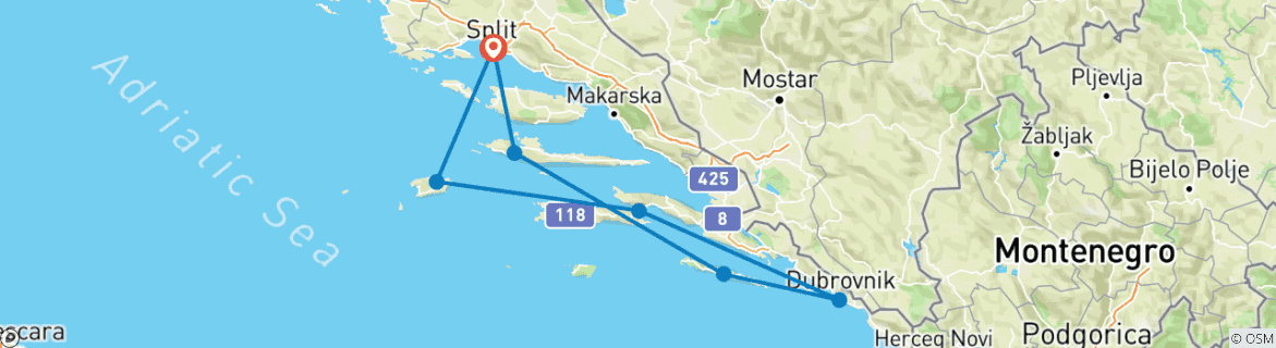 Image of a map showing the route of the tour