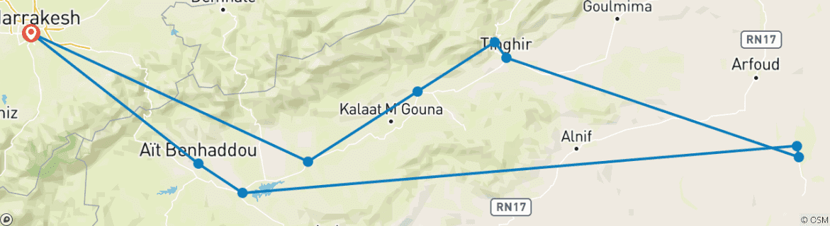Image of a map showing the route of the tour