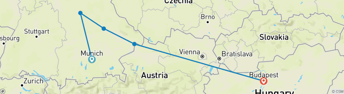 Image of a map showing the route of the tour