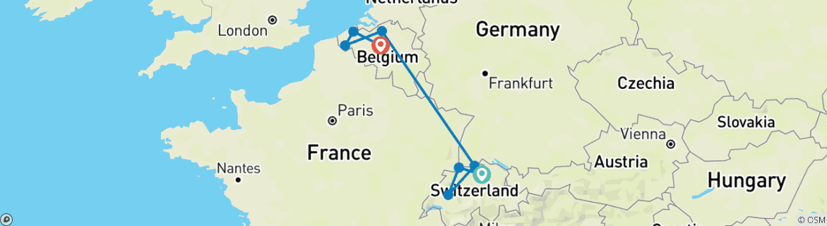 Image of a map showing the route of the tour