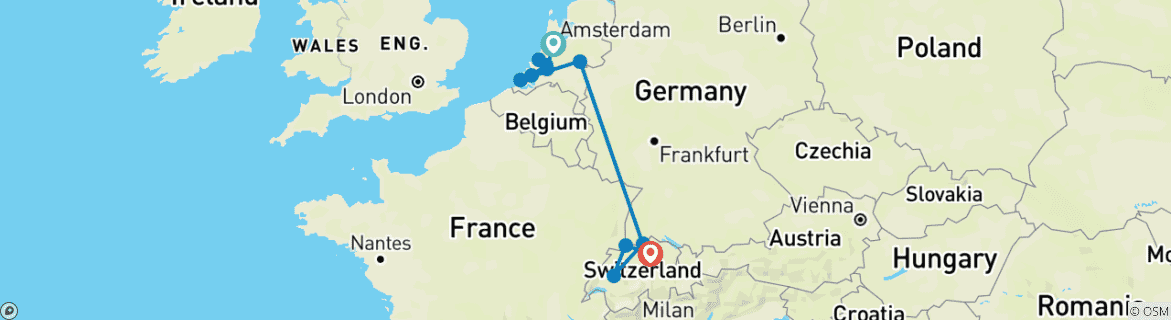 Image of a map showing the route of the tour