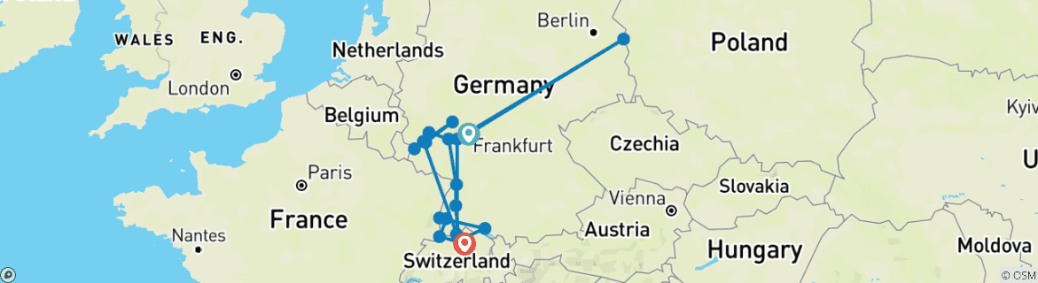 Image of a map showing the route of the tour