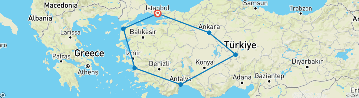 Image of a map showing the route of the tour