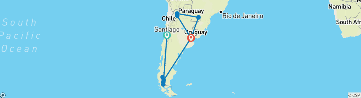 Image of a map showing the route of the tour