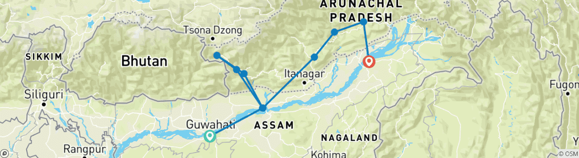 Image of a map showing the route of the tour