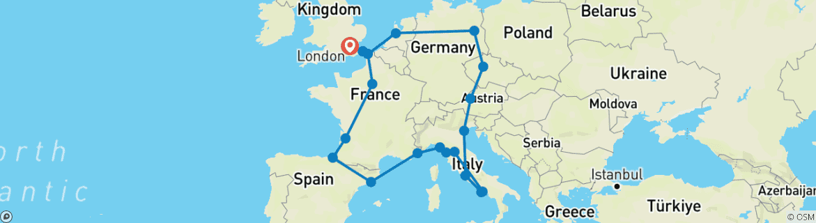 Image of a map showing the route of the tour