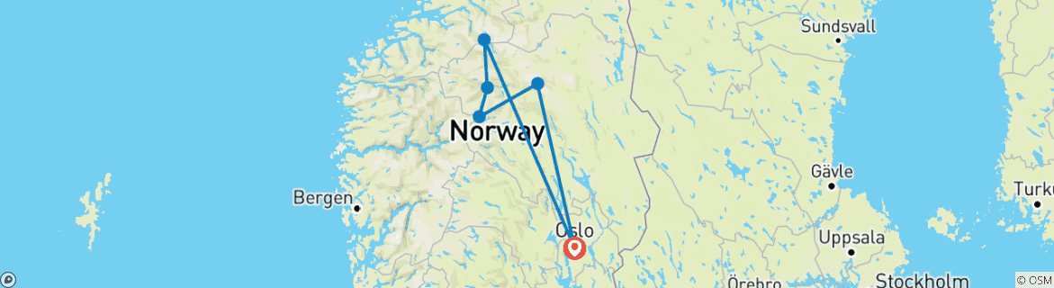 Image of a map showing the route of the tour