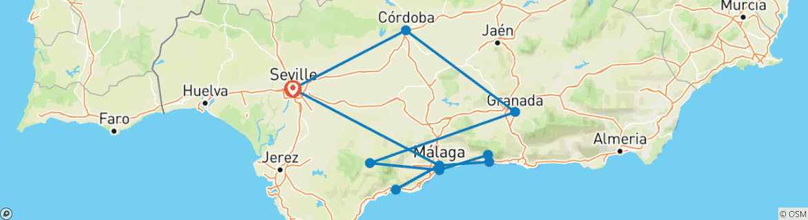 Image of a map showing the route of the tour
