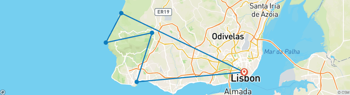 Image of a map showing the route of the tour