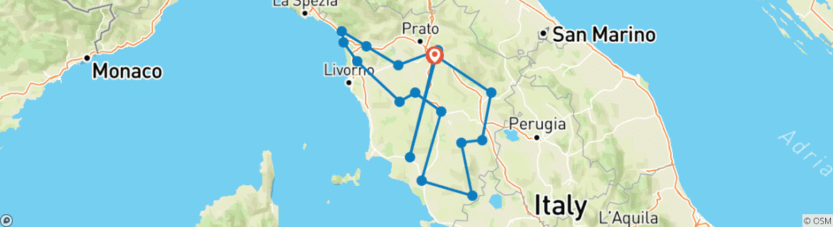 Image of a map showing the route of the tour