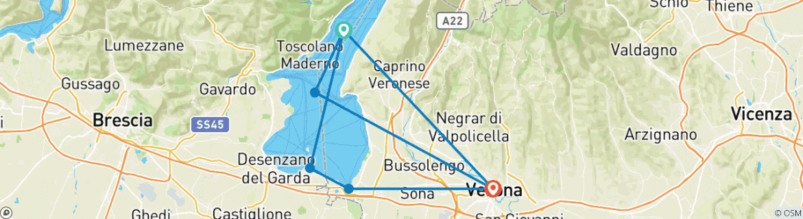 Image of a map showing the route of the tour