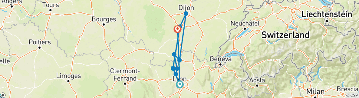 Image of a map showing the route of the tour